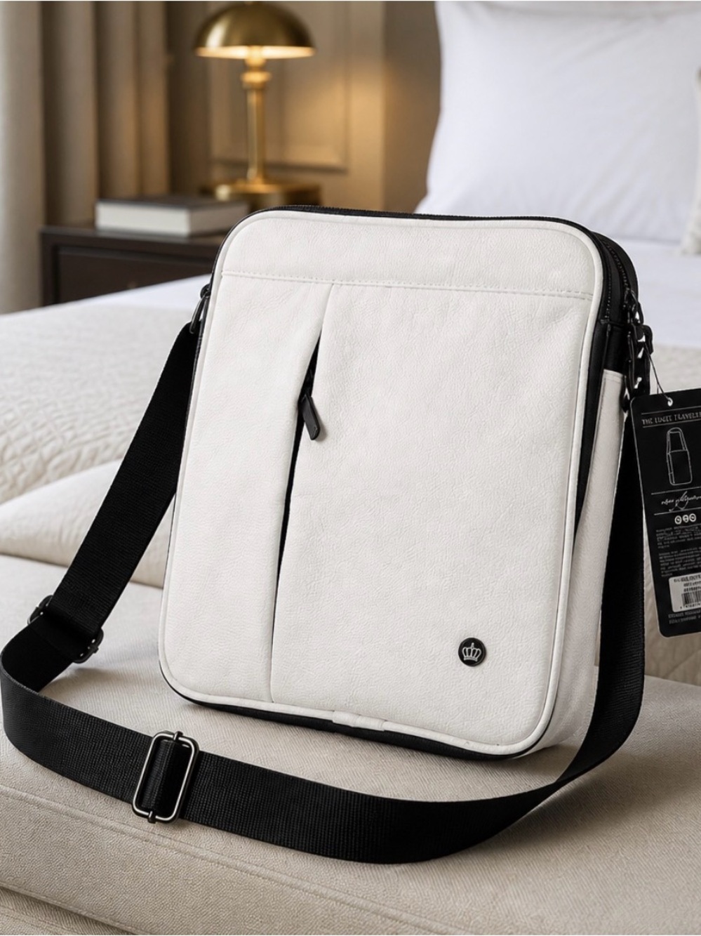 Compact White Laptop Crossbody Bag with Black Strap